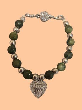Jade Bracelet w CZ  heart pendant